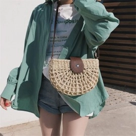 Casual Half Moon Women Straw Rattan Shoulder Bags Wicker Woven Lady Hollow Crossbody Bag Summer Beach Travel Small Handbag