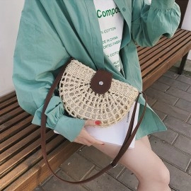 Casual Half Moon Women Straw Rattan Shoulder Bags Wicker Woven Lady Hollow Crossbody Bag Summer Beach Travel Small Handbag